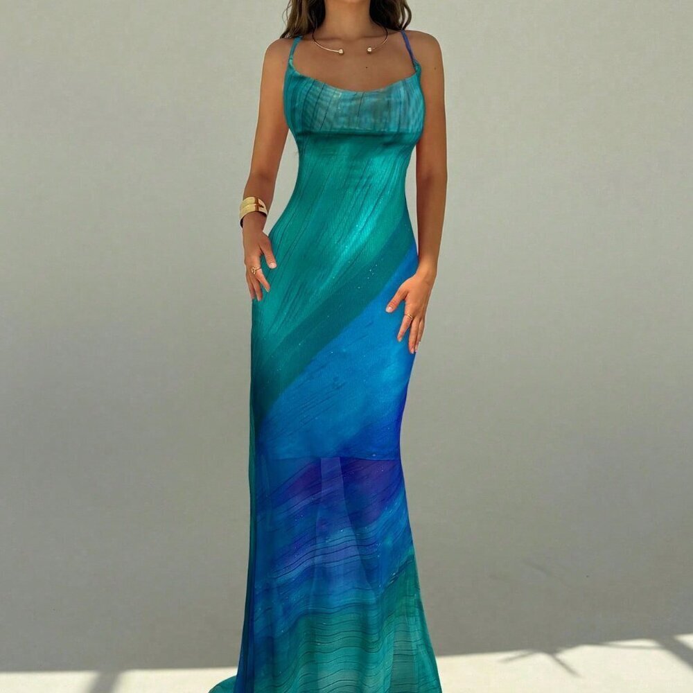 Green Romantic Women's Boho Backless Maxi Dress